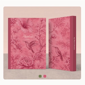 May include: A pink planner with a dark pink floral and hummingbird pattern. The front cover features the text 'Madeline's PLANNER' in white script. The spine of the planner displays the text 'My Plans & Dreams' in white vertical lettering.