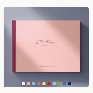 May include: A light pink weekly planner with a dark pink spine. The cover features the text Ella Bloom's WEEKLY PLANNER and Progress Over Perfect. Below the planner are ten small coloured squares in white, beige, light blue, pink, yellow, red, mint, green, blue, and navy.