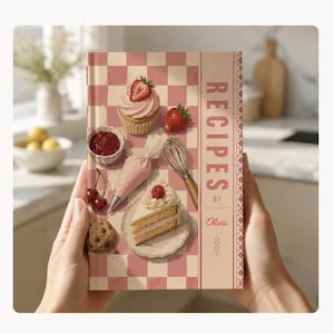 Puede incluir: Un libro de recetas con una portada a cuadros rosas y blancos, sostenido por manos. La portada presenta ilustraciones de cupcakes, fresas y una rebanada de pastel. La palabra "RECIPES" está impresa verticalmente, con "by Olivia" debajo.