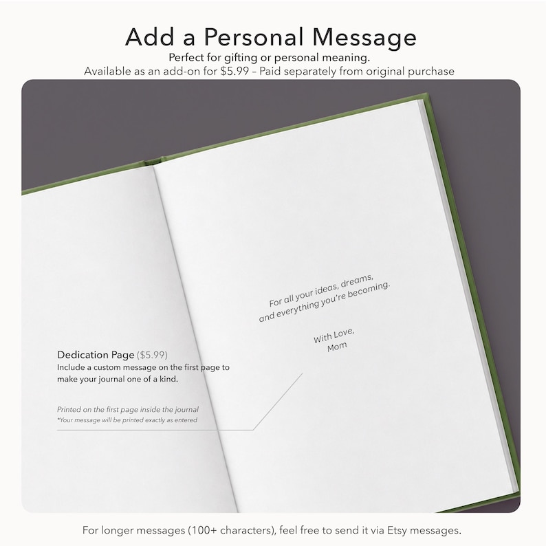 May include: Open journal with a green spine and white pages. Text on the left reads "Dedication Page" and "Include a custom message." The right page has the text "For all your ideas, dreams, and everything you're becoming. With Love, Mom."