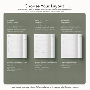 Puede incluir: Un planificador con tres opciones de dise&ntilde;o: Time Block, Flow y Open. Cada dise&ntilde;o se muestra abierto, mostrando las p&aacute;ginas interiores. El dise&ntilde;o Time Block presenta un horario completo por horas, mientras que el dise&ntilde;o Open ofrece mucho espacio para escribir.