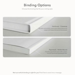 May include: Image showcasing two journal binding options: Hardcover Casewrap and Paperback Perfect Bound. The Hardcover features a durable, sturdy construction. The Paperback has a flexible cover and a minimal spine. Text reads: Binding Options. Choose the binding that fits your writing style.