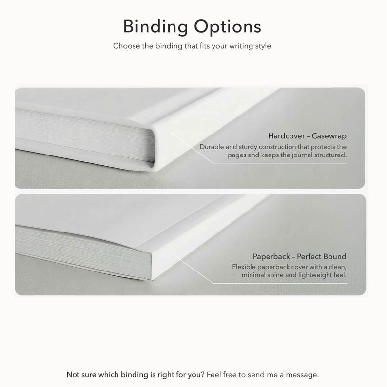 May include: Image showcasing two journal binding options: Hardcover Casewrap and Paperback Perfect Bound. The Hardcover features a durable, sturdy construction. The Paperback has a flexible cover and a minimal spine. Text reads: Binding Options. Choose the binding that fits your writing style.