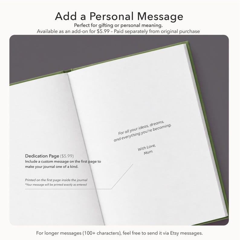 May include: An open journal with a green cover showing a white first page. The page features the printed text: For all your ideas, dreams, and everything you're becoming. With Love, Mom. The page also includes the text Dedication Page.