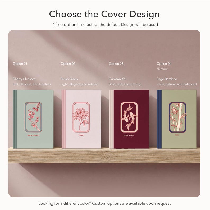 Puede incluir: Cuatro cuadernos con diferentes dise&ntilde;os de portada se muestran en una estanter&iacute;a de madera. Las portadas presentan un dise&ntilde;o de flor de cerezo, peon&iacute;a, carpa koi carmes&iacute; y bamb&uacute; salvia. El texto "Choose the Cover Design" est&aacute; en la parte superior.