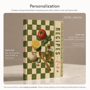 May include: A personalized recipe book with a green and white checkered cover design. The cover features illustrations of a tomato, lemon, garlic, basil, olive oil, and a wooden spoon. The spine reads "RECIPES" and includes space for custom text.