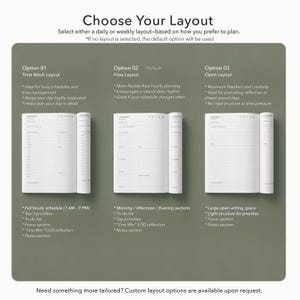 May include: A planner layout guide featuring three options: Option 01 Time Block Layout with hourly scheduling, Option 02 Flow Layout with morning, afternoon, and evening sections, and Option 03 Open Layout with large writing space on a green background.
