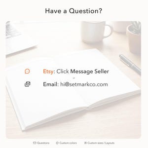 May include: An informational graphic titled Have a Question? featuring contact instructions. It displays an orange speech bubble icon with the text Etsy: Click Message Seller and an envelope icon with the text Email: hi@setmarkco.com.
