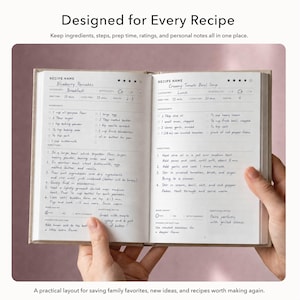 May include: Open recipe journal with "Blueberry Pancakes" and "Creamy Tomato Basil Soup" recipes. The journal includes ingredient lists, instructions, and space for notes. The text "Designed for Every Recipe" is at the top.