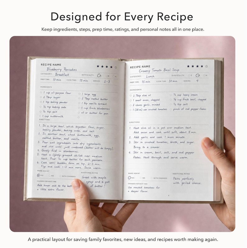 May include: Open recipe journal with "Blueberry Pancakes" and "Creamy Tomato Basil Soup" recipes. The journal includes ingredient lists, instructions, and space for notes. The text "Designed for Every Recipe" is at the top.