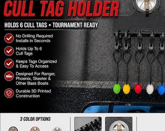 May include: A black 3D printed no drill cull tag holder with a circular mounting point and five hanging black cords with colorful plastic beads in green, yellow, red, white, and blue. The text reads NO DRILL CULL TAG HOLDER and lists features.