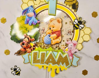 Custom Winnie the Pooh Cake Topper | Honey Drip Design, 3D Shaker, Birthday Party Decoration