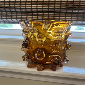 Brutalist Glass Bowl - Etsy Vintage MCM 60s Chunky Heavy Leaded Brutalist Double Bowl Glass Vase main image 1