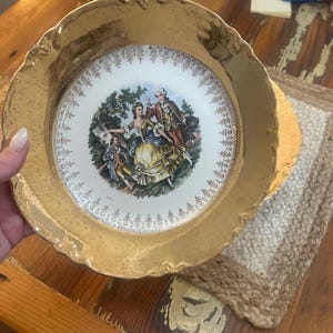 Vintage H.K. China Courting Couple 10 inch Plate, W.S. George Radisson Line, Warranted 22K Gold Filigree Rim, Colonial Scene Porcel