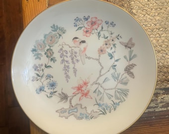 Plato llano Gorham Fine China Chinoiserie de 27,3 cm (10,75"), diseño floral en tonos pastel con pájaros y mariposas, borde dorado, pieza de repuesto.