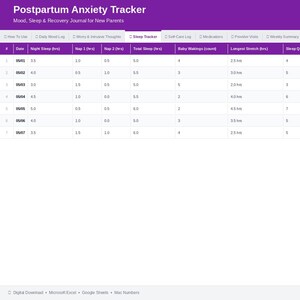 May include: A digital postpartum anxiety tracker with a purple header and a white table. The tracker includes sections for mood, sleep, and recovery, with columns for sleep duration, baby wakings, and sleep quality. The text "Postpartum Anxiety Tracker" is at the top.