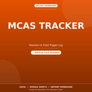 以下が含まれることがあります： デジタルダウンロード形式のMCASトラッカー。反応と食物トリガーの記録ログ、および緊急時準備カードが含まれています。オレンジ色のグラフィックには、ExcelおよびGoogleスプレッドシートとの互換性を示すテキストが記載されています。