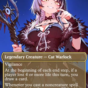 Könnte beinhalten: Eine Magic: The Gathering-Karte mit einer Anime-Illustration eines weiblichen Charakters mit lila und schwarzen Haaren, in einem dunklen Outfit. Die Karte trägt die Bezeichnung "Shiori, Forbidden Knowledge" und "Legendary Creature - Cat Warlock."