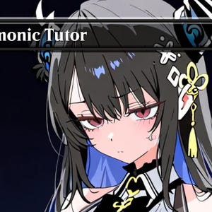 May include: Anime-style illustration of a character from a trading card game. The card reads "Demonic Tutor" in a black banner. The character has black hair with blue highlights, red eyes, and a blush.