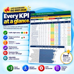 May include: A digital ISO 9001:2026 KPI dashboard spreadsheet interface featuring a data table with status indicators, trend arrows, and a performance index bar chart. The layout includes text labels for traffic-light status, variance, and performance metrics.