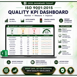 May include: An Excel dashboard toolkit for ISO 9001:2015 Quality KPI management. The interface displays a laptop screen with a table of metrics, traffic light status indicators, and trend charts. Text includes 'Quality KPI Dashboard' and 'Smart Data'.