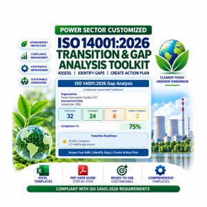 May include: A digital toolkit for ISO 14001:2026 transition and gap analysis in the power sector. It features a compliance dashboard showing 32 items, 24 compliant, 6 gaps, and 2 partial, with 75% compliance. Includes Excel and PDF templates.