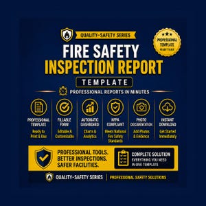 Puede incluir: Una plantilla digital de informe de inspección de seguridad contra incendios con fondo azul oscuro y texto amarillo. Incluye iconos para plantilla profesional, formulario rellenable, panel automático, conforme a NFPA y descarga instantánea.