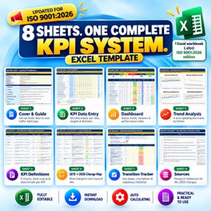 May include: An Excel template system for ISO 9001:2026 featuring eight sheets including a KPI dashboard, data entry, trend analysis, definitions, change map, transition tracker, and sources. The digital product includes an Excel workbook file.