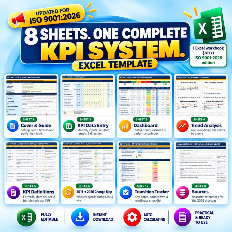 May include: An Excel template system for ISO 9001:2026 featuring eight sheets including a KPI dashboard, data entry, trend analysis, definitions, change map, transition tracker, and sources. The digital product includes an Excel workbook file.