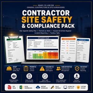 May include: A digital contractor site safety and compliance pack featuring a laptop displaying a site safety plan, a clipboard with a permit to work, and two hazard identification and toolbox talk documents against a dark blue background.