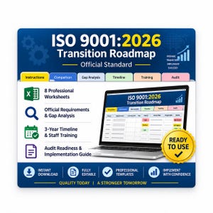 May include: A digital ISO 9001:2026 Transition Roadmap guide featuring a laptop displaying a project dashboard. The graphic includes tabs for instructions, comparison, gap analysis, timeline, training, and audit, plus icons for worksheets and readiness guides.