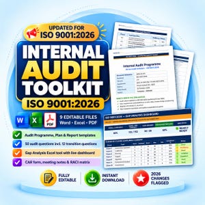 Peut inclure: Un kit d'outils d'audit interne pour ISO 9001:2026 comprenant des fichiers Word, Excel et PDF modifiables. Il inclut un programme d'audit, 50 questions d'audit, un tableau de bord d'analyse des écarts et un formulaire CAR avec des rapports.