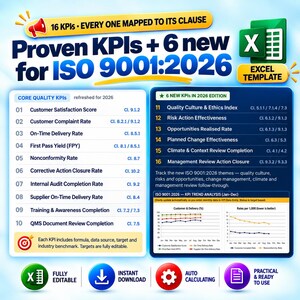 May include: An Excel template for ISO 9001:2026 KPIs featuring a list of 16 key performance indicators mapped to clauses. The graphic includes a table of core quality KPIs, a section for 6 new 2026 edition KPIs, and trend analysis charts.