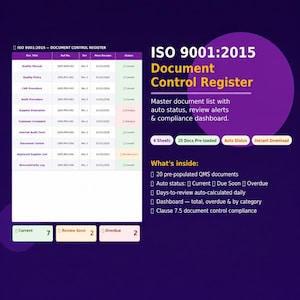 ISO 9001 Document Control Register Excel | Master Document List Auto Status Overdue Alert Dashboard
