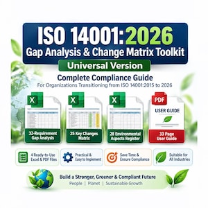 May include: ISO 14001:2026 Gap Analysis & Change Matrix Toolkit Universal Version. Includes a 32-Requirement Gap Analysis, 25 Key Changes Matrix, 28 Environmental Aspects Register, and a 33-page PDF User Guide. Features green leaf graphics.