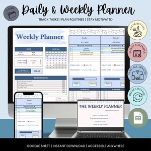 May include: A digital daily and weekly planner displayed on a computer monitor, a smartphone, and a laptop. The interface features a June 2026 calendar, task lists, schedule slots, and goal tracking sections with blue and white color schemes.
