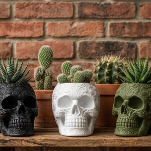 May include: Three skull-shaped planters in black, white, and olive green, each featuring intricate embossed swirl patterns. These containers hold various small cacti and succulents, positioned on a wooden surface against a brick wall.