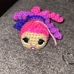 Crochet keychain, pink/purple curly hair ponytail image 4