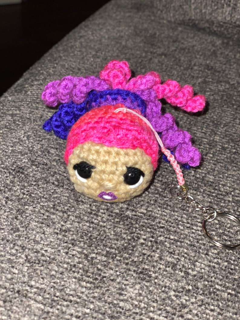 Crochet keychain, pink/purple curly hair ponytail image 4