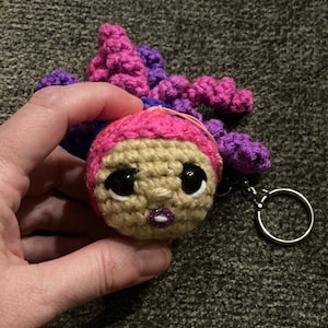 Crochet keychain, pink/purple curly hair ponytail image 1