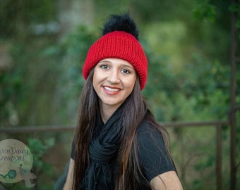 READY TO SHIP Red, fur pom hat, adult beanie, double knit hat, winter hat, slouchy beanie, knit hat, folded brim hat