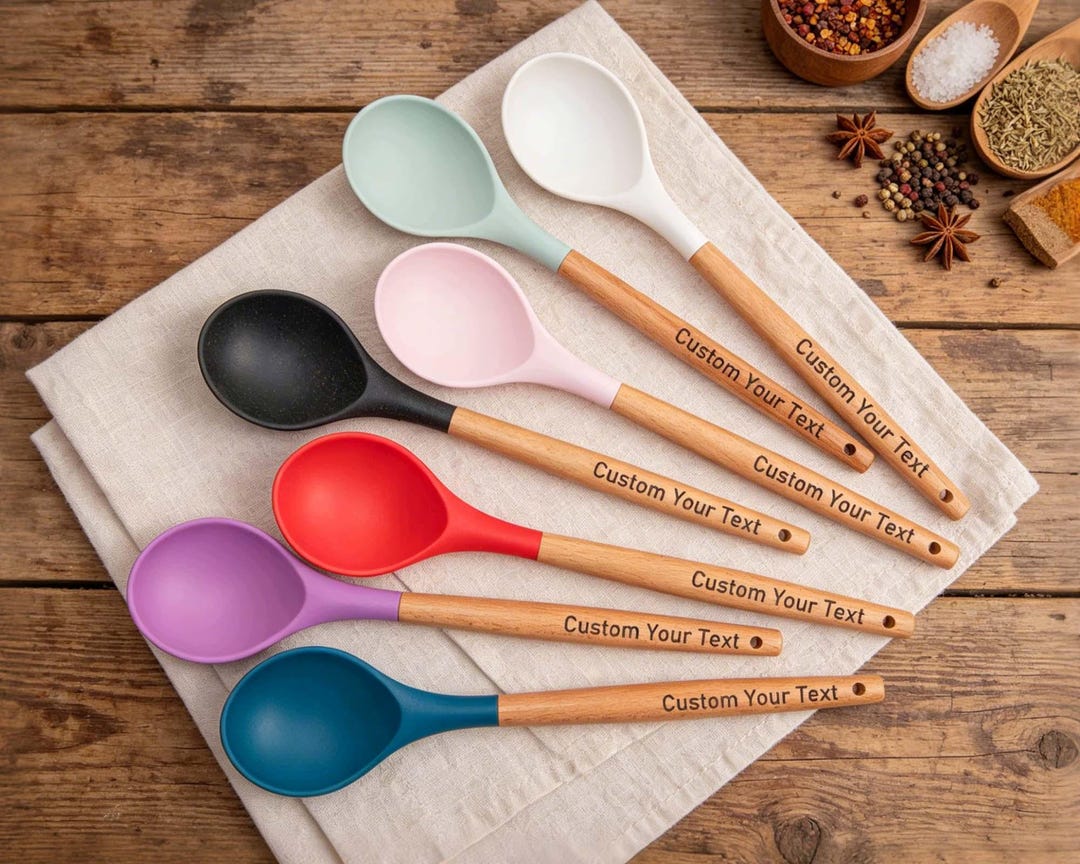 Personalized Engraved Silicone Spoon With Wooden Handle, Custom Kitchen ...