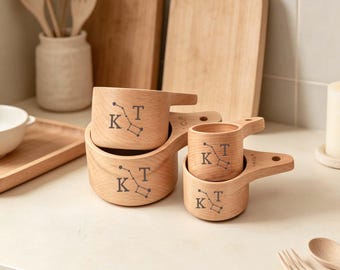 Engraved Wooden Measuring Cups, 4-Piece Beechwood Baking Cups, Custom Kitchen Essentials, Gift for New Kitchen, Eco Friendly Baking Tools