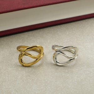 Può includere: Due anelli, uno dorato e uno argentato, ciascuno con un design a forma di anello continuo e intrecciato. Gli anelli sono esposti su una superficie grigio chiaro, con un libro rosso parzialmente visibile sullo sfondo.