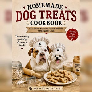 May include: A cookbook cover titled "Homemade Dog Treats Cookbook". Two dogs wearing chef hats are featured. The image includes a jar of peanut butter and a plate of dog biscuits. The text reads "Tail-Waggingly Delicious Recipes Made with Love."