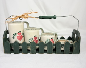 Vintage Country Strawberry Heart Ceramic Measuring Cup Set Picket Fence Tray