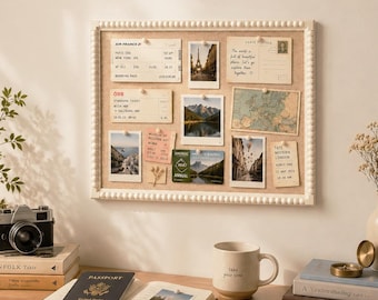 White Beaded Linen Cork Pin Board, 13x17 Inch Travel Memory Bulletin Board, Memo Board for Tickets & Travel Photos Display, Gift for Couple