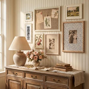 Puede incluir: Una cómoda de madera con una lámpara plisada, un ramo de rosas rosadas en un jarrón y libros apilados. La pared presenta una galería de varios cuadros enmarcados, un tablero de corcho con notas y diversas ilustraciones botánicas.