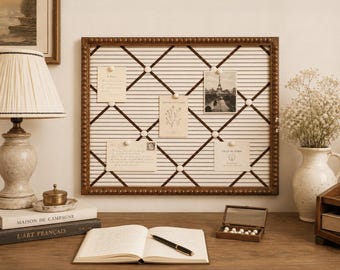 Vintage Perlen Pinnwand aus Nussbaumholz, 13x17 gestreiftes Stoffband Bulletin Board, Memoboard für Fotonotizanzeige & Home Office Organizer