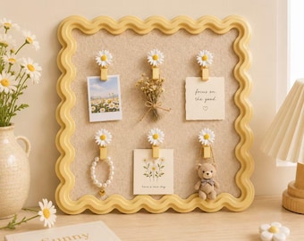 Cream Yellow Scalloped Velvet Cork Pin Board, 12x12 Bulletin Board with Daisy Clip, Cute Memo Board for Baby Photos & Nursery Wall Decor